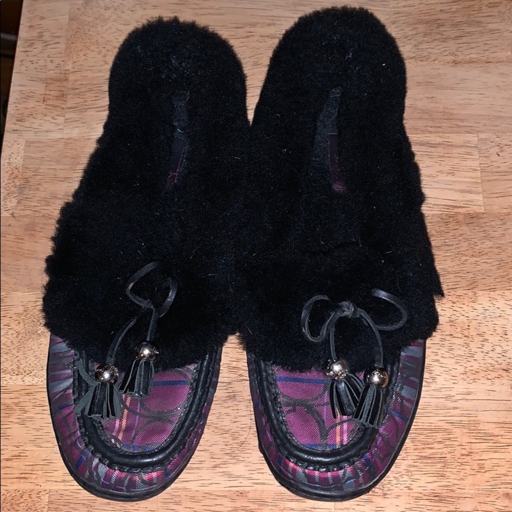 COACH Black Purple Plaid Faux Fur Moccasin Loafer